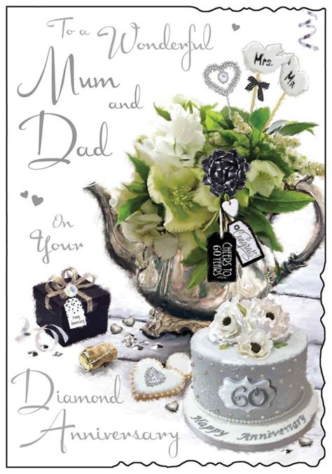 Mum And Dad Diamond 60th Wedding Anniversary Card Flowers And Cake 9x625