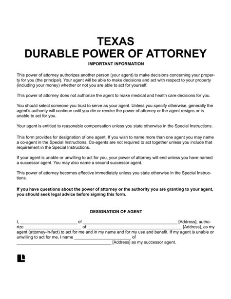 Free Durable Power Of Attorney Form Texas Power Of Attorney Forms