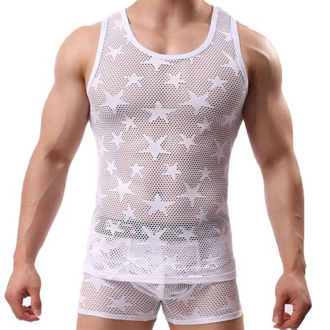 Mens Undershirts Two Piece Sets Sexy Mesh Transparent Sleeveless Tank