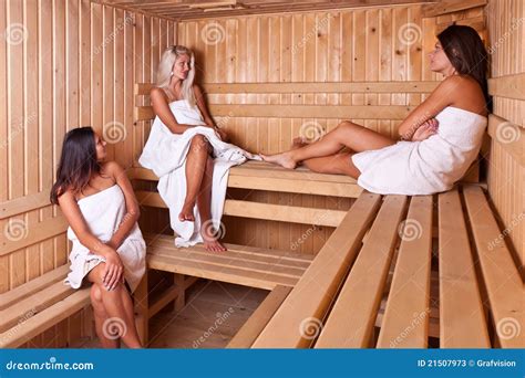 Three Women Enjoying A Hot Sauna Stock Image Image Of Three Heat