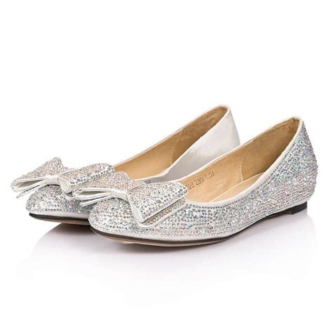 Silver Rhinestones Cute Bows New Ballerina Flats Comfy Bridal Shoes