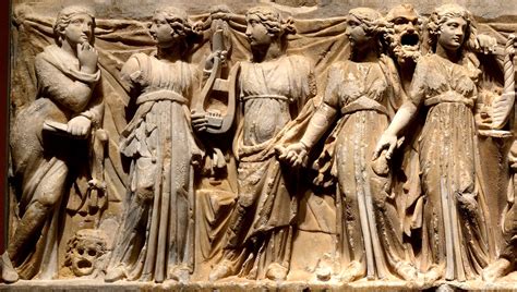 Nine Muses, Athena and Apollo. Detail: Polyhymnia, Euterpe, Thalia ...