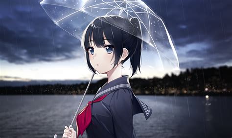 Download 1680x1050 Anime Girl Raining Umbrella Black Hair Ponytail