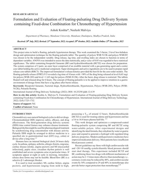 Pdf Formulation And Evaluation Of Floating Pulsating Drug Delivery