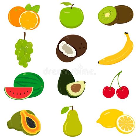 Set Of Colorful Cartoon Fruit Icons On White Vector Stock Vector