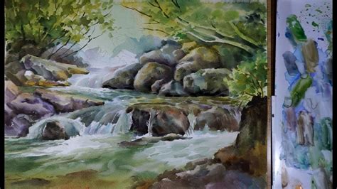 Watercolor Landscape Painting A Water Stream Youtube