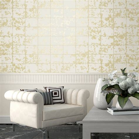 Loran Tile Pattern Gold Wallpaper Faux Effect Brick Stone Metallic