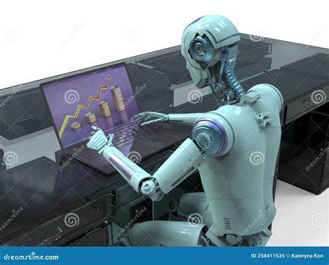 A Humanoid Robot Working With Laptop Conceptual 3d Illustration Stock