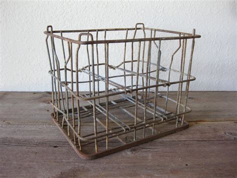 Vintage Metal Wire Milk Bottle Crate With Dividers Rustic