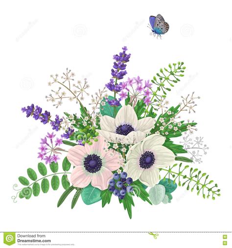 Bouquet Of Flowers And Flying Butterfly Stock Vector