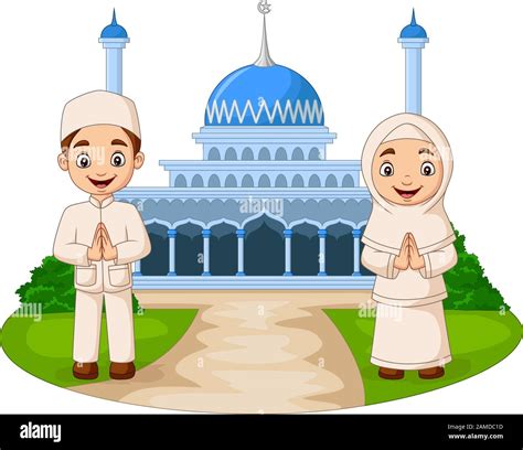 Happy Cartoon Muslim Kids In Front Of Mosque Stock Vector Image And Art