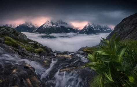 Wallpaper Grass Leaves Clouds Snow Landscape Mountains Nature