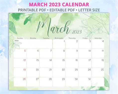 March 2023 Calendar Editable March Calendar 2023 With Spring Etsy Artofit