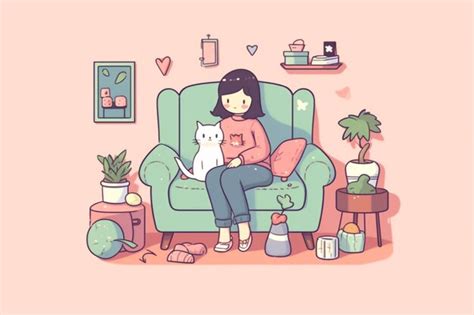 Premium Ai Image Araffe Woman Sitting On A Couch With A Cat And A Cat
