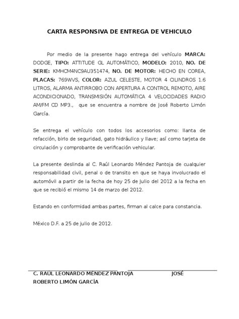 Carta Responsiva De Entrega De Vehiculo Pdf Vehículos Transporte