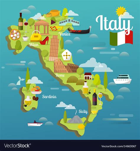 Colorful Italy Travel Map With Attraction Symbols Vector Image