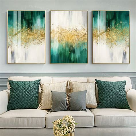 Set Of 3 Wall Art Gold Glitters Emerald Green Luxury Painting Etsy