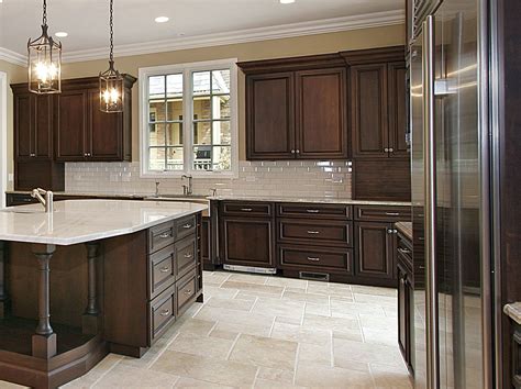 Kitchen tile backsplash ideas with oak cabinets. Cherry Kitchen Cabinets With Gray Wall And Quartz ...