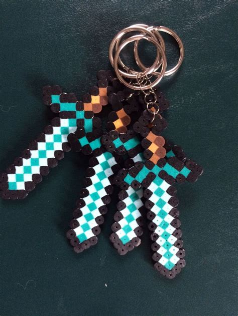 Minecraft Diamond Sword Keychain Perler Beads Minecraft Diamond Sword