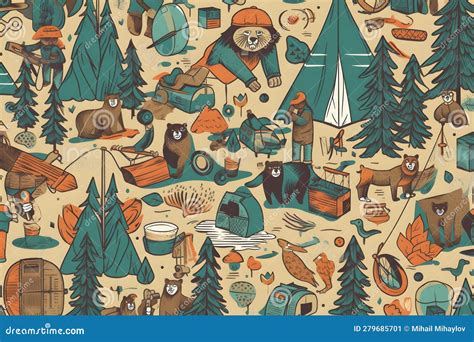 hipster clipart featuring illustrated camping elements seamless ai generated art stock
