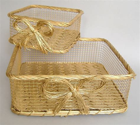Gold Wire Mesh Basket Decorative Metal Set Of 2 Baskets