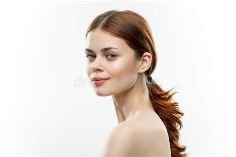 Pretty Woman Makeup On Face Naked Shoulders Gathered Hair Attractive