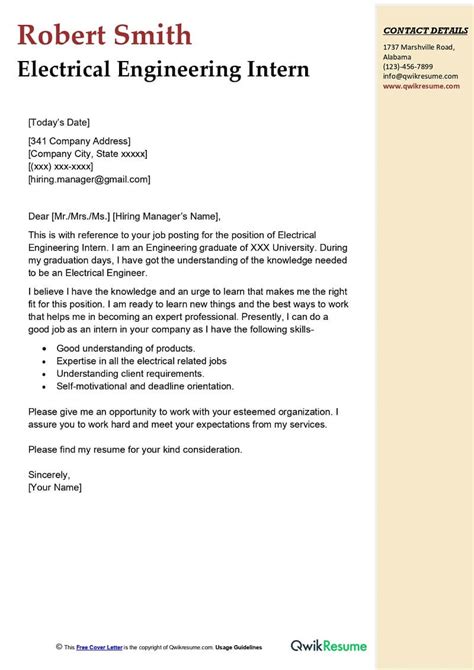 Electrical Engineering Intern Cover Letter Examples Qwikresume