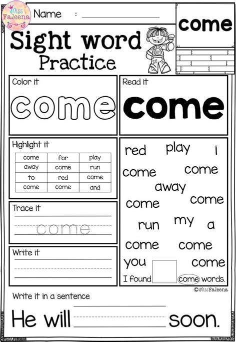 Free Sight Word Practice Kindergarten Worksheets Sight Words