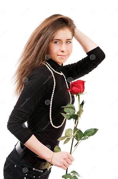 Girl In Love Holding A Red Rose Stock Image Image Of Hair Brunette 13233235