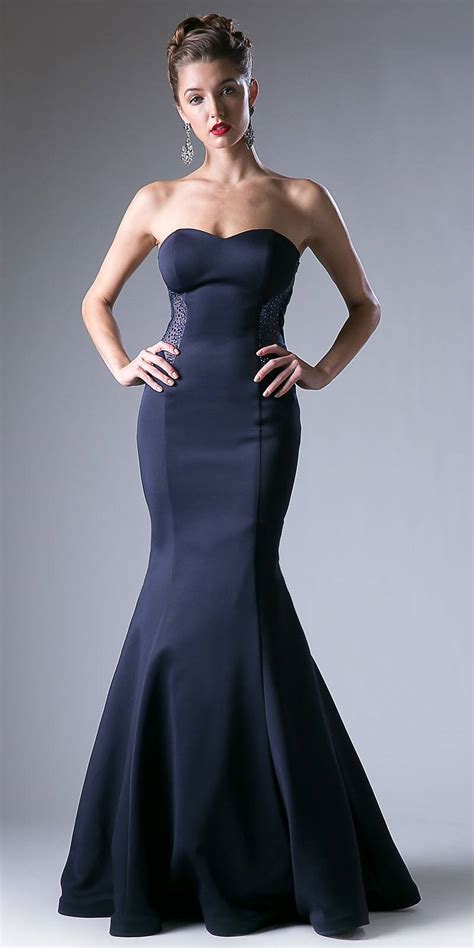 cut out back strapless long mermaid prom dress navy blue discountdressshop