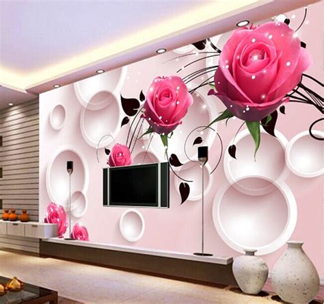 Bacaz New 8d Large Mural Circle Pink Rose Wall Decor Flower Wallpaper