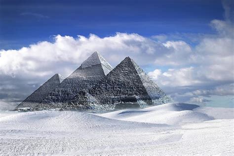 Pyramids Gizeh Egypt Snow Landscape Creative Cloudy Sky Fantasy
