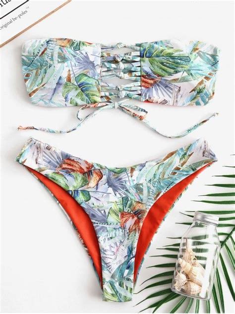 Zaful Leaf Print Knot Strappy Bikini Set Multi A L Bikinis Bikini Set Trendy Swimsuits