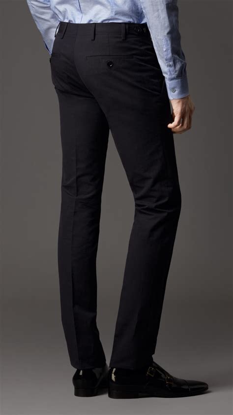 Burberry Slim Fit Cotton Linen Trousers In Navy Blue For Men Lyst