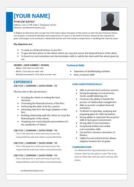 Design and writing good resume is an art form and can make the. Finance Advisor Resume Templates for Word | Word & Excel ...