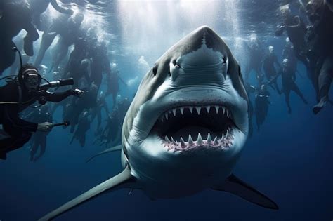 Großer Weißer Hai Carcharodon Carcharias Ein Großer Weißer Hai Zeigt Seine Zähne Vor Tauchern In
