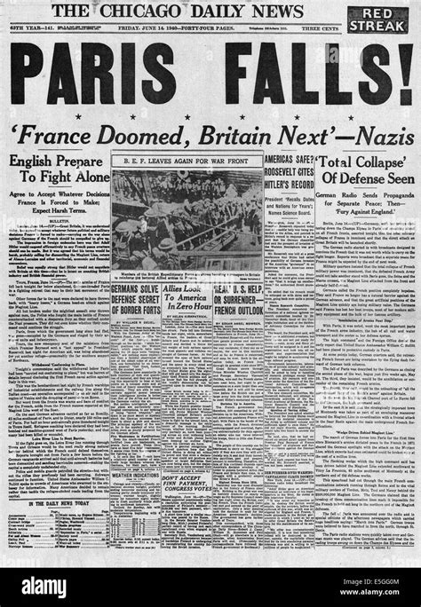 1940 Chicago Daily Tribune Usa Front Page Reporting Paris Falls To