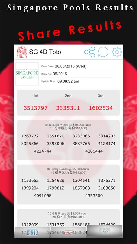 There is no source that is more reliable when it comes to displaying and archiving the correct winning numbers for 4d lottery. Singapore Pools Toto 4D Result - Android Apps on Google Play