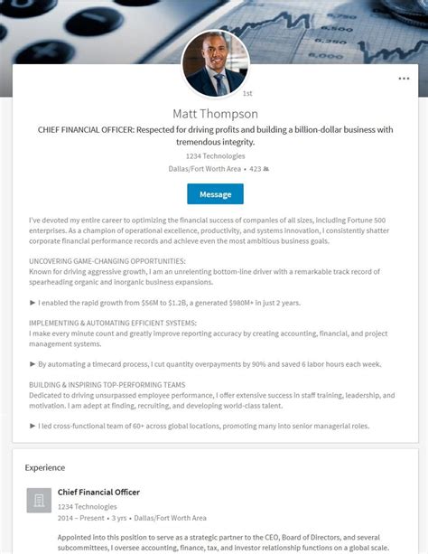 Chief Financial Officer (CFO) LinkedIn Profile Sample | Best linkedin profiles, Linkedin profile 