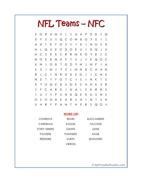 Nfl Teams Nfc Word Search My Printable Puzzles