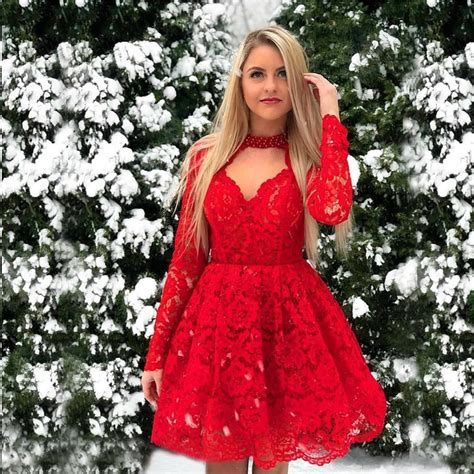Long Sleeve Homecoming Dresses Open Back Lace Red Short Prom Dress