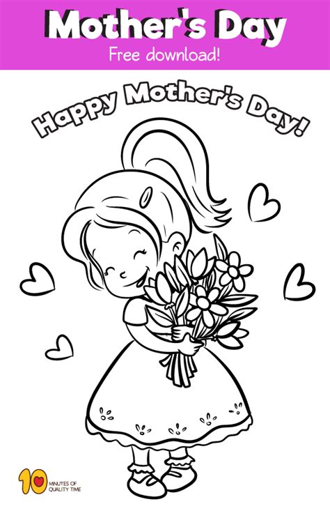 Flowers are so cheery that i want to brighten your day too! Coloring page for Mother's Day - Girl Holding Flowers ...
