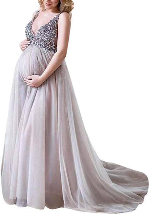 Harpily Maternity Sleeveless Sequin Gown Maxi Prom Gown Dress Elegant