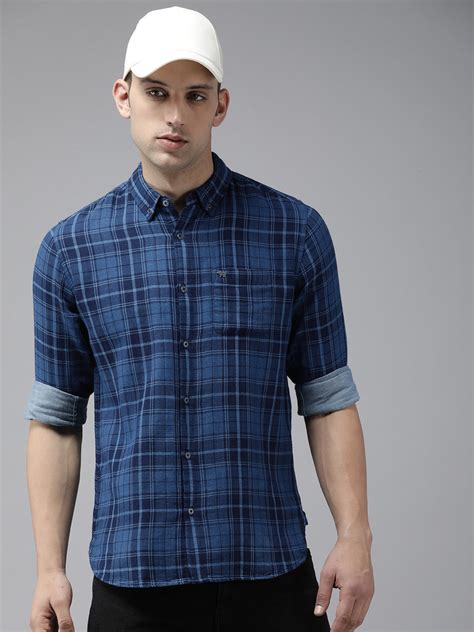 Shop Men Blue Windowpane Checked Slim Fit Pure Cotton Casual Shirt Online