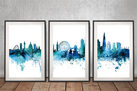 Framed London Skyline Watercolour Triptych Michael Tompsett Prints Au