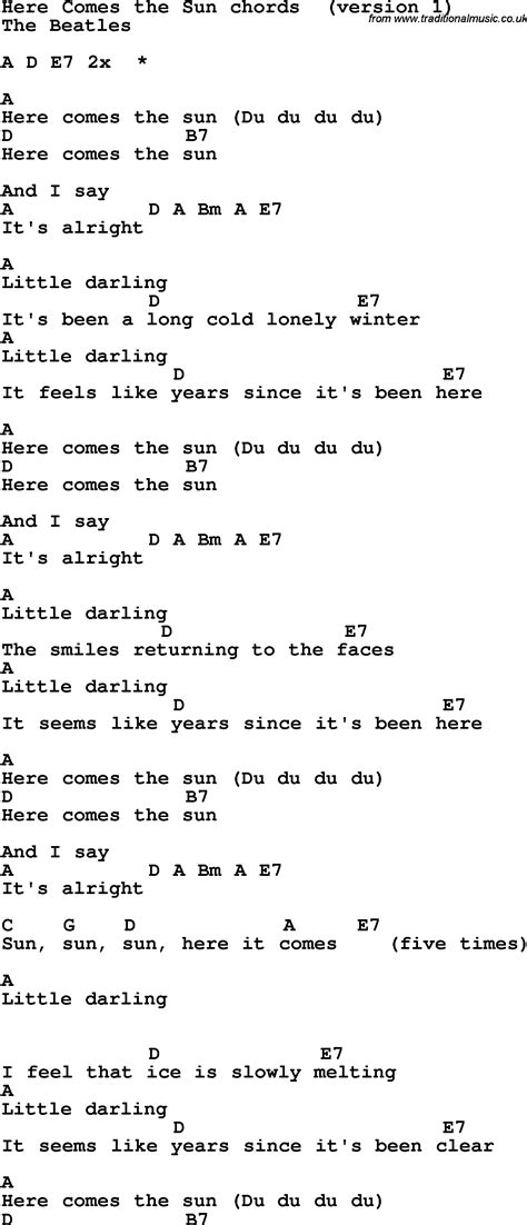Song Lyrics With Guitar Chords For Here Comes The Sun The Beatles