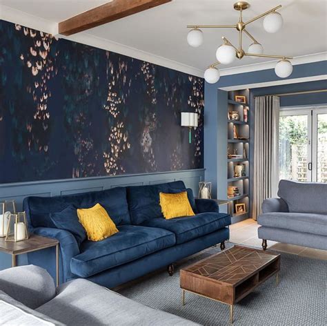 The large scale design brings color and. Pin on Blue/Grey/Yellow Living Room Ideas