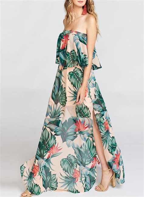 Summer Fashion Sexy Floral Printed Off The Shoulder Slit Beach Maxi