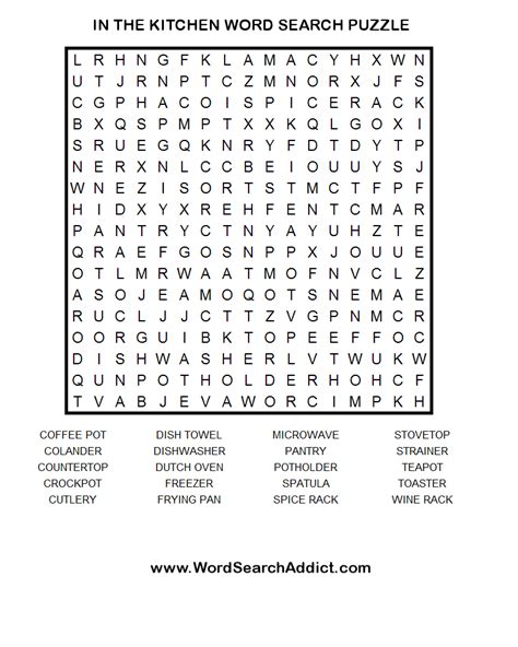 Each kids' word search sheet has a unique theme, and there are twelve words or phrases for children to hunt for on each a4 puzzle sheet. In the Kitchen Word Search Puzzle | Word find, Word search ...