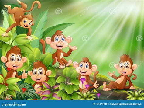 Nature Scene With Group Of Monkey Cartoon Stock Vector Illustration